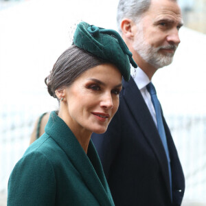 La reine Consort Letizia d'Espagne et le roi Felipe VI arrivent pour la messe en hommage au duc d'Edimbourg à l'abbaye de Westminster à Londres. Photo by John Rainford/Splash News/ABACAPRESS.COM