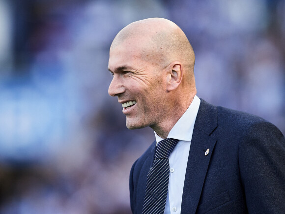 Zinédine Zidane lors du match de football de La Liga opposant le Real Sociedad au Real Madrid au Deportivo Alavés au stade Anoeta à Saint-Sébastien, Espagne, le 12 mai 2019. Real Sociedad a gagné 3-1. 