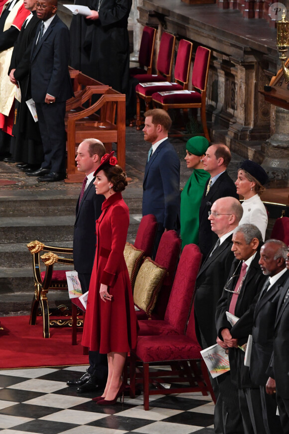 Le prince William, duc de Cambridge, et Catherine (Kate) Middleton, duchesse de Cambridge, Le prince Harry, duc de Sussex, Meghan Markle, duchesse de Sussex - La famille royale d'Angleterre lors de la cérémonie du Commonwealth en l'abbaye de Westminster à Londres le 9 mars 2020. 