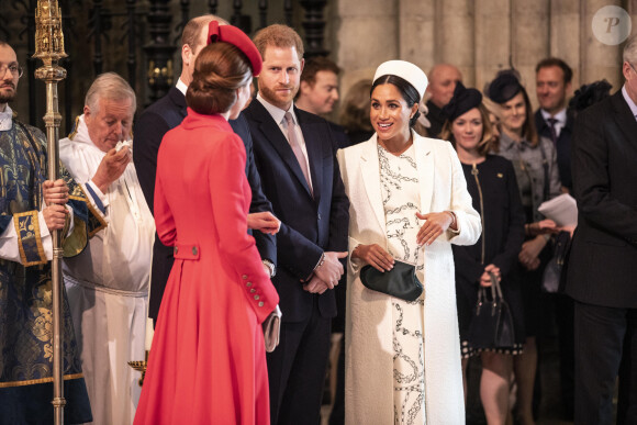 Catherine Kate Middleton, duchesse de Cambridge, le prince William, duc de Cambridge, le prince Harry, duc de Sussex, Meghan Markle, enceinte, duchesse de Sussex lors de la messe en l'honneur de la journée du Commonwealth à l'abbaye de Westminster à Londres le 11 mars 2019. 