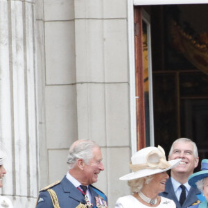 La comtesse Sophie de Wessex, le prince Charles, Camilla Parker Bowles, duchesse de Cornouailles, la reine Elisabeth II d'Angleterre, Meghan Markle, duchesse de Sussex (habillée en Dior Haute Couture par Maria Grazia Chiuri), le prince Harry, duc de Sussex, le prince William, duc de Cambridge, Kate Catherine Middleton, duchesse de Cambridge - La famille royale d'Angleterre lors de la parade aérienne de la RAF pour le centième anniversaire au palais de Buckingham à Londres. Le 10 juillet 2018 