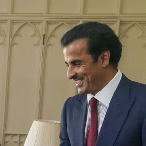 La reine Elisabeth II d'Angleterre reçoit l'émir du Qatar, le cheikh Tamim ben Hamad Al Thani au château de Windsor, à quelques jours des célébrations de son jubilé de platine. Le 24 mai 2022. 