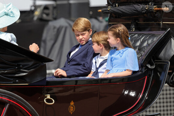 Le prince George de Cambridge, Le prince Louis de Cambridge, La princesse Charlotte de Cambridge - Les membres de la famille royale lors de la parade militaire "Trooping the Colour" dans le cadre de la célébration du jubilé de platine (70 ans de règne) de la reine Elizabeth II à Londres, le 2 juin 2022. 