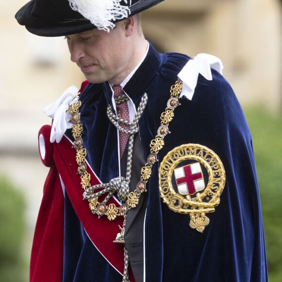 Le prince William, duc de Cambridge, lors de la cérémonie de l'ordre de la Jarretière à la chapelle Saint-Georges du château de Windsor. Cette année pour la première fois Camilla Parker Bowles, duchesse de Cornouailles, a été investie comme nouveau chevalier de l'ordre de la Jarretière par la reine et a pu participer à la procession au côté du prince Charles. Londres, la 13 juin 2022. 