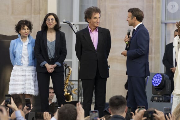 Rima Abdul-Malak, ministre de la Culture, Jack Lang, Emmanuel Macron, président de la République lors de la fête de la musique au palais de l'Elysée à Paris le 21 juin 2022