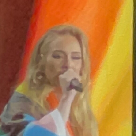 Adèle donne un concert à Hyde Park, en marge de la London Pride Parade, un drapeau aux couleurs LGBT sur les épaules. Le 2 juillet 2022. 