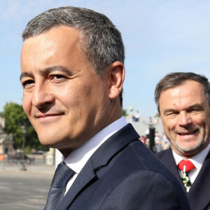 Info - Gérald Darmanin bientôt papa pour la deuxième fois - Gérald Darmanin, Ministre de l'intérieur et sa femme Rose-Marie Devillers (enceinte) - Le président français assiste au défilé du 14 juillet 2022, place de la Concorde, Paris, © Stéphane Lemouton / Bestimage