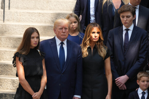Donald Trump, Melania Trump and Barron Trump - Obsèques de Ivana Trump en l'église St Vincent Ferrer à New York. Le 20 juillet 2022 