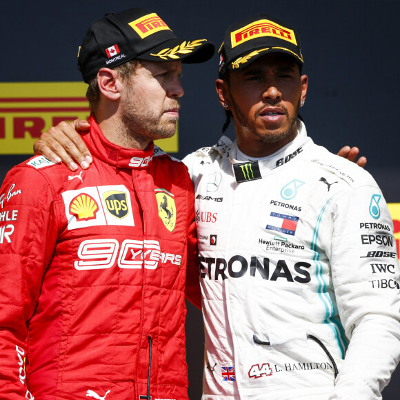 Sebastian Vettel, Ferrari et Lewis Hamilton, Mercedes AMG F1 sur le podium lors du Grand Prix du Canada sur le circuit Gilles Villeneuve à Montréal, Canada, le 9 juin 2019. © Motorsport Images/Panoramic/Bestimage