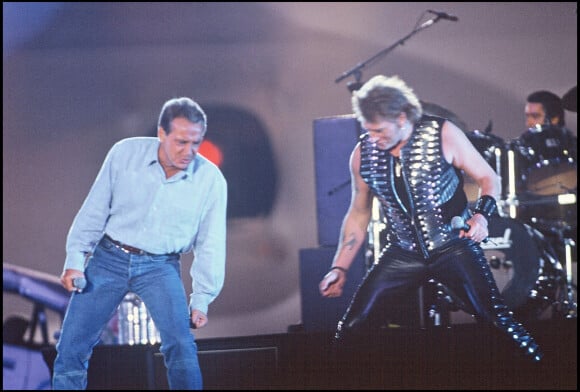 Johnny Hallyday et Michel Sardou en concert à Paris.