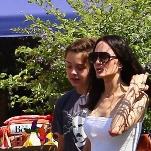 Angelina Jolie et son fils Knox vont acheter une statuette et des plantes sur un marché de Los Angeles, le 27 août 2022.