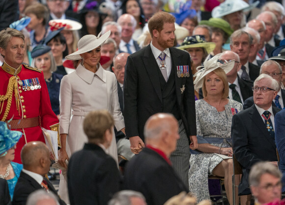 Le prince Harry, duc de Sussex, et Meghan Markle, duchesse de Sussex - Les membres de la famille royale et les invités lors de la messe célébrée à la cathédrale Saint-Paul de Londres, dans le cadre du jubilé de platine (70 ans de règne) de la reine Elisabeth II d’Angleterre. Londres, le 3 juin 2022.