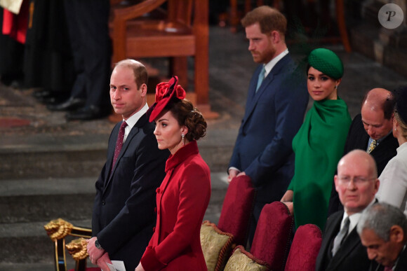 Le prince William, duc de Cambridge, et Catherine (Kate) Middleton, le prince Harry, duc de Sussex, Meghan Markle, duchesse de Sussex - La famille royale d'Angleterre lors de la cérémonie du Commonwealth en l'abbaye de Westminster à Londres le 9 mars 2020.