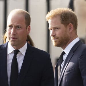 Le prince de Galles William, le prince Harry, duc de Sussex à la rencontre de la foule devant le château de Windsor, suite au décès de la reine Elisabeth II d'Angleterre. Le 10 septembre 2022 