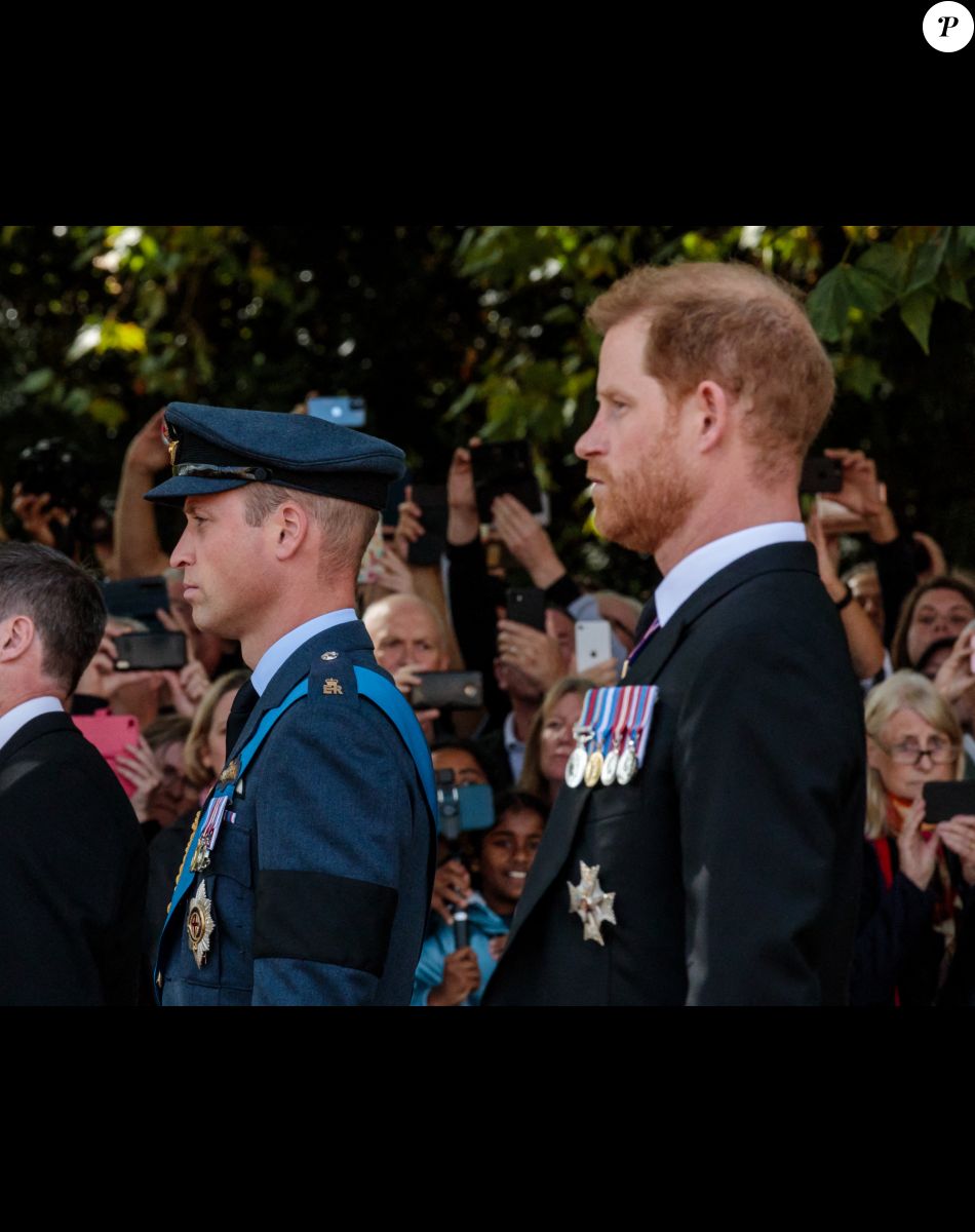 Le prince William, prince de Galles, le prince Harry - Procession cérémonielle du cercueil de la reine Elisabeth II du palais de Buckingham à Westminster Hall à Londres le 14 septembre 2022. © Photoshot / Panoramic / Bestimage