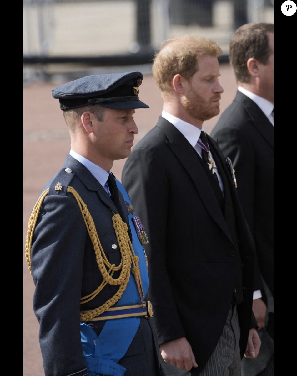 Le prince William, prince de Galles, le prince Harry, duc de Sussex - Procession cérémonielle du cercueil de la reine Elisabeth II du palais de Buckingham à Westminster Hall à Londres, Royaume Uni, le 14 septembre 2022.