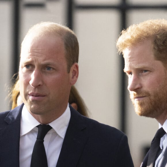 Le prince de Galles William, le prince Harry, duc de Sussex à la rencontre de la foule devant le château de Windsor, suite au décès de la reine Elisabeth II d'Angleterre. Le 10 septembre 2022 