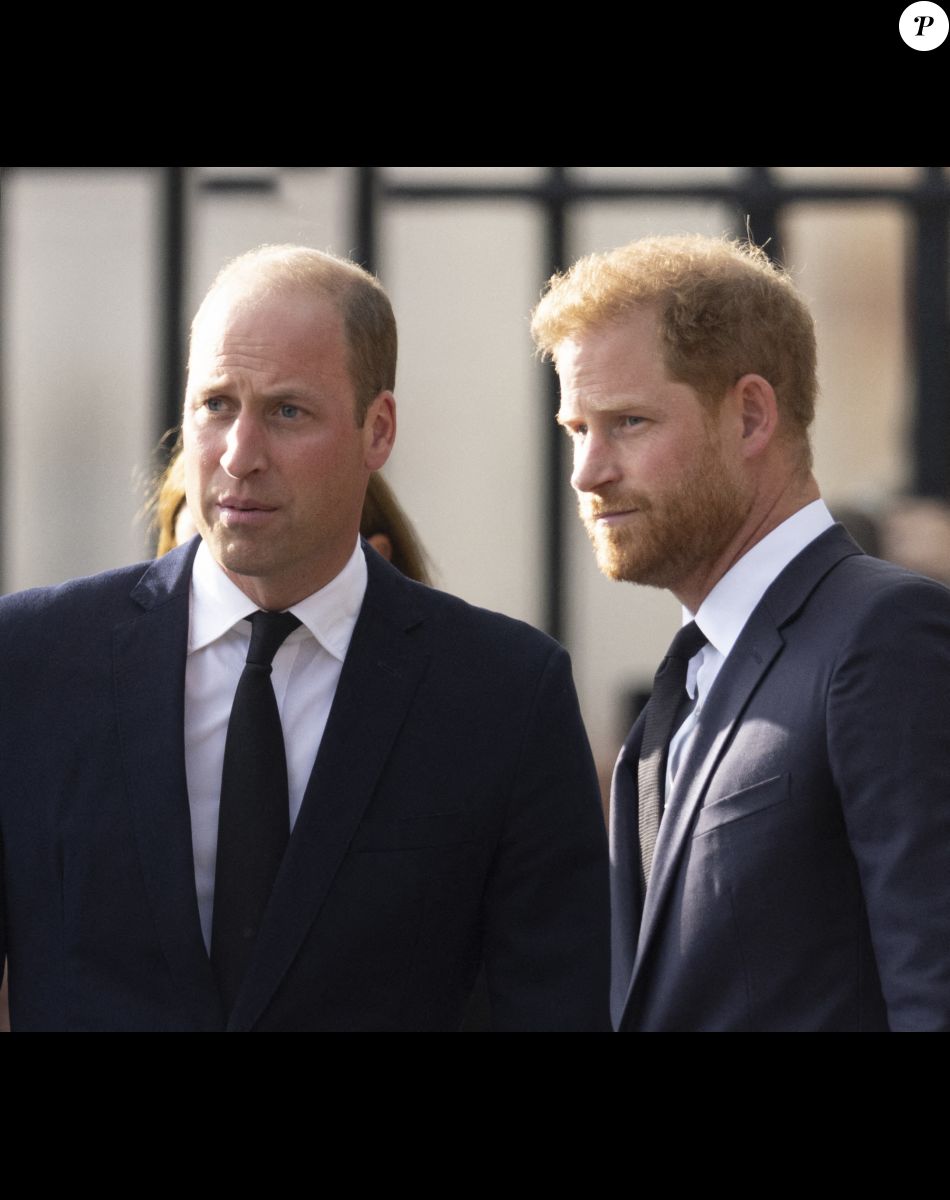 Le prince de Galles William, le prince Harry, duc de Sussex à la rencontre de la foule devant le château de Windsor, suite au décès de la reine Elisabeth II d'Angleterre. Le 10 septembre 2022