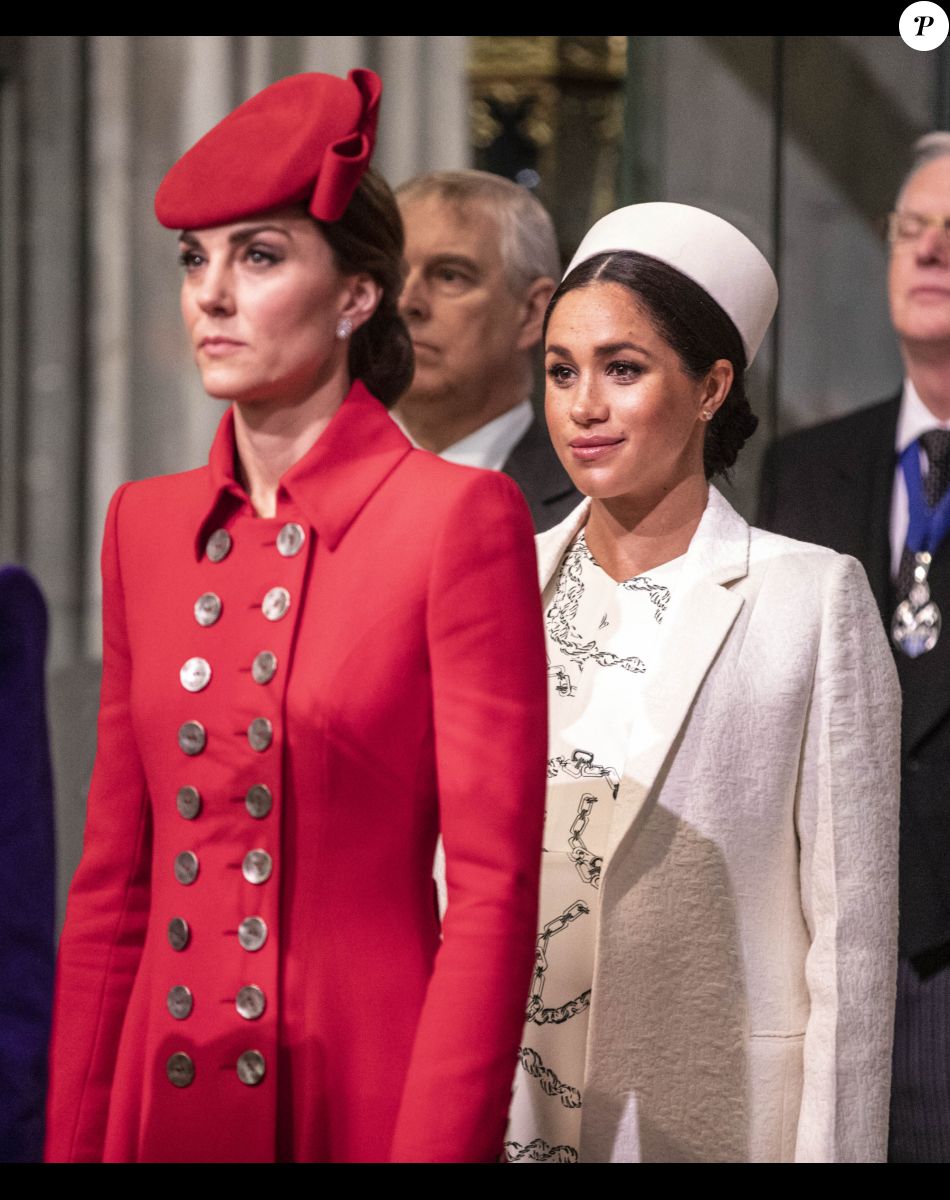 Catherine Kate Middleton, duchesse de Cambridge, Meghan Markle, enceinte, duchesse de Sussex lors de la messe en l'honneur de la journée du Commonwealth à l'abbaye de Westminster à Londres.