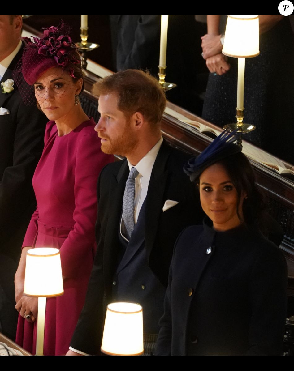 Catherine (Kate) Middleton, duchesse de Cambridge, Le prince Harry, duc de Sussex, et Meghan Markle, duchesse de Sussex - Cérémonie de mariage de la princesse Eugenie d'York et Jack Brooksbank en la chapelle Saint-George au château de Windsor, Royaume Uni le 12 octobre 2018.