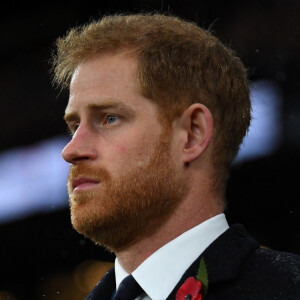 Le prince Harry, duc de Sussex, lors d'une cérémonie commémorative pour le centenaire de la fin de la Première Guerre Mondiale à Londres, au stade Twickenham avant le match de rugby Angleterre/Nouvelle-Zélande.