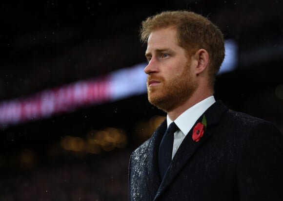 Le prince Harry, duc de Sussex, lors d'une cérémonie commémorative pour le centenaire de la fin de la Première Guerre Mondiale à Londres, au stade Twickenham avant le match de rugby Angleterre/Nouvelle-Zélande.