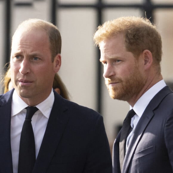 Le prince de Galles William, le prince Harry, duc de Sussex à la rencontre de la foule devant le château de Windsor, suite au décès de la reine Elisabeth II d'Angleterre.