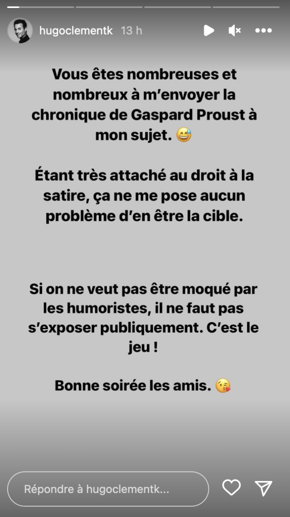 Hugo Clément répond à Gaspard Proust, sur Instagram.