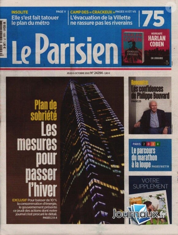 Couverture du "Parisien", le numéro du jeudi 6 octobre 2022.