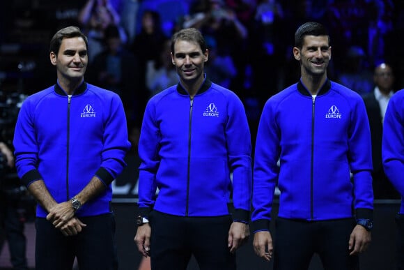 Roger Federer dispute son dernier match de tennis en double avec Rafael Nadal et Novak Djokovic de l'équipe Europe lors de la Laver Cup à O2 Arena à Londres, Royaume Uni, le 23 septembre 2022. © Antoine Couvercelle/Panoramic/Bestimage 