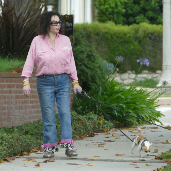 Exclusif - Jackie Stallone, la mère de Sylvester, sort ses chiens dans la rue à Los Angeles le 14 juin 2019.