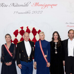 Gareth Wittstock, Beatrice Borromeo, La princesse Caroline de Hanovre, Le prince Albert II de Monaco, La princesse Charlène de Monaco, Tatiana Santo Domingo, Andrea Casiraghi, Charlotte Casiraghi et Dimitri Rassam - Arrivées à la soirée de gala de la Fête Nationale Monégasque au Grimaldi Forum le 19 novembre 2022. © Olivier Huitel / Pool Monaco / Bestimage