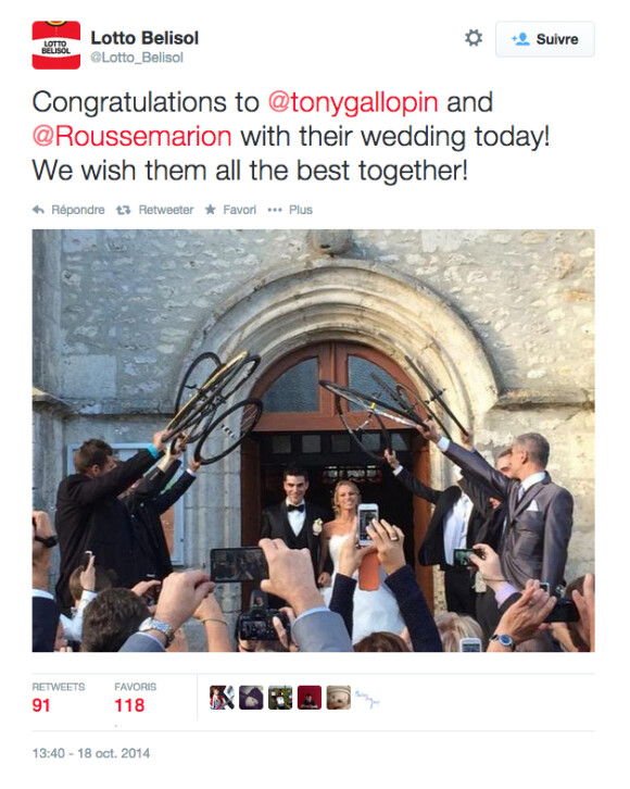 Lotto annonce le mariage de leurs deux coureurs Tony Gallopin et Marion Rousse le 18 octobre 2014.