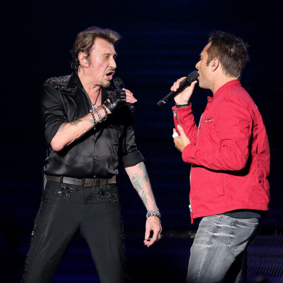 Exclusif - David Hallyday - Johnny Hallyday en duo pour son 2eme concert de la tournee "Born Rocker Tour" au POPB de Bercy a Paris. Le 15 juin 2013