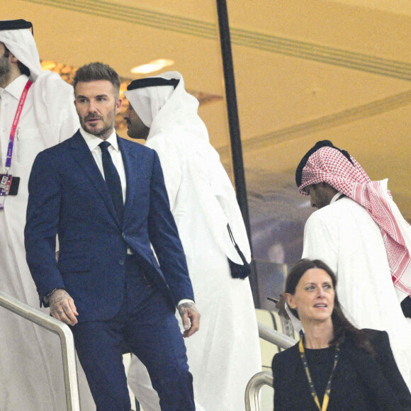 David Beckham en tribune du match de football de quart de finale opposant la France à l'Angleterre lors de coupe de Monde au stade Al Bayt à Al Khor au Qatar, le 10 décembre 2022. La France a gagné 2-1. © Jean-Baptiste Autissier/Panoramic/Bestimage 