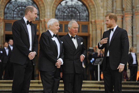 Le prince William, duc de Cambridge, Sir David Attenborough, le prince Charles, prince de Galles, le prince Harry, duc de Sussex, à la première de la série Netflix "Our Planet" au Musée d'Histoires Naturelles à Londres, le 4 avril 2019. 