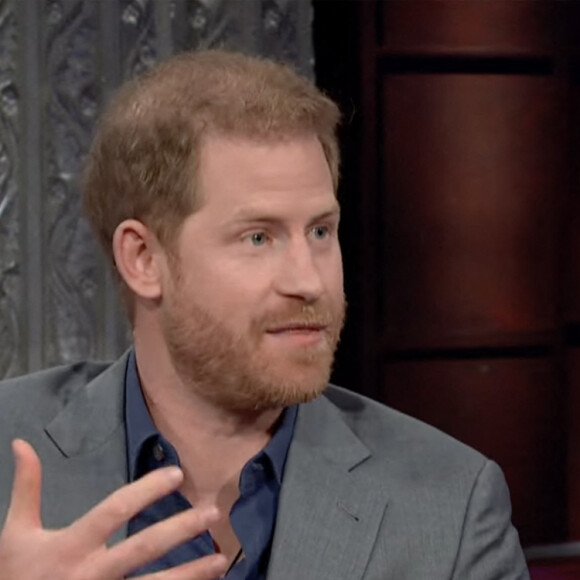 Le prince Harry sur le plateau de l'émission "The Late Show With Stephen Colbert" à New York, le 12 janvier 2023. © JLPPA/CBS/Bestimage 