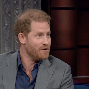 Le prince Harry sur le plateau de l'émission "The Late Show With Stephen Colbert" à New York, le 12 janvier 2023. © JLPPA/CBS/Bestimage 