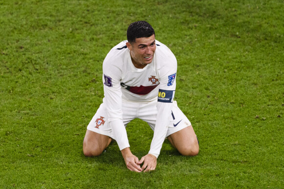 Les larmes de Cristiano Ronaldo après la défaite de l'équipe du Portugal face au Maroc (1-0) en quarts de finale de la Coupe du Monde 2022 au Qatar (FIFA World Cup Qatar 2022), le 10 décembre 2022.