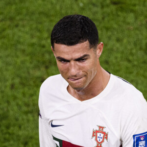 Les larmes de Cristiano Ronaldo après la défaite de l'équipe du Portugal face au Maroc (1-0) en quarts de finale de la Coupe du Monde 2022 au Qatar (FIFA World Cup Qatar 2022), le 10 décembre 2022.
