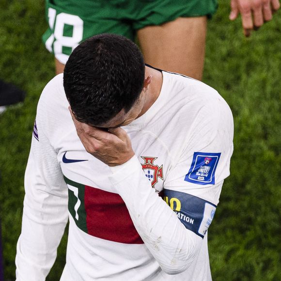 Les larmes de Cristiano Ronaldo après la défaite de l'équipe du Portugal face au Maroc (1-0) en quarts de finale de la Coupe du Monde 2022 au Qatar (FIFA World Cup Qatar 2022), le 10 décembre 2022.
