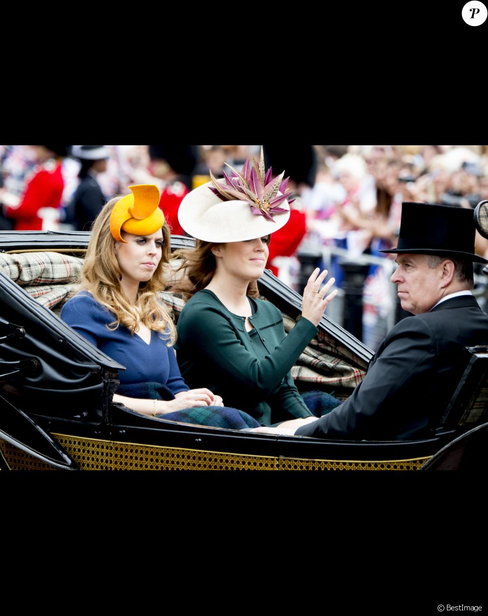 La princesse Beatrice, la princesse Eugenie et le prince Andrew, duc d'York - La famille royale d'Angleterre arrive au palais de Buckingham pour assister à la parade "Trooping The Colour" à Londres, à l'occasion du 90ème anniversaire de la reine. Le 11 juin 2016