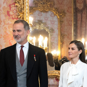 Le roi Felipe VI et la reine Letizia, lors de la réception du corps diplomatique accrédité en Espagne, au Palais Royal à Madrid, le 25 janvier 2023. Le roi Felipe et la reine Letizia d'Espagne reçoivent comme chaque année le corps diplomatique accrédité en Espagne, composé au total de 126 ambassades résidentes dans notre pays et de près de 800 consulats, 153 de carrière et plus de 600 honoraires. En outre, 49 autres pays sont accrédités auprès de l'Espagne, mais ont leur résidence à Paris, Londres, Bruxelles ou Genève. D'autre part, 42 organisations internationales ont leur siège en Espagne. Les diplomates sont des agents publics compétents en relations internationales en vue d'être accrédités auprès d'autres États ainsi qu'auprès d'organisations internationales à caractère représentatif. 