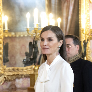 Le roi Felipe VI et la reine Letizia, lors de la réception du corps diplomatique accrédité en Espagne, au Palais Royal à Madrid, le 25 janvier 2023. Le roi Felipe et la reine Letizia d'Espagne reçoivent comme chaque année le corps diplomatique accrédité en Espagne, composé au total de 126 ambassades résidentes dans notre pays et de près de 800 consulats, 153 de carrière et plus de 600 honoraires. En outre, 49 autres pays sont accrédités auprès de l'Espagne, mais ont leur résidence à Paris, Londres, Bruxelles ou Genève. D'autre part, 42 organisations internationales ont leur siège en Espagne. Les diplomates sont des agents publics compétents en relations internationales en vue d'être accrédités auprès d'autres États ainsi qu'auprès d'organisations internationales à caractère représentatif. 