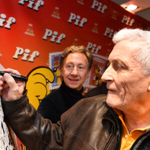 Exclusif - Jean François Lecureux (fils du créateur de Rahan et scénariste), Stéphane Bern - Stéphane Bern dévoile le timbre Pif de la Poste au Carré d'Encre à Paris le 30 janvier 2023. © Veeren/Bestimage 