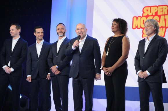 Adrien Aigoin, Pierre Dorian, Eric Di Meco, Vincent Mosscato, Maryse Ewanjé-Epée et Denis Charvet (Equipe de l'émission Super Moscato Show) - Conférence de presse du lancement des chaines RMC Sport au studio Gabriel à Paris le 30 mai 2018. © Guillaume Gaffiot/Bestimage