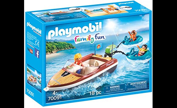 Une activité à sensations fortes attend les enfants avec ce jeu Playmobil Family Fun bateau avec bouées et vacanciers