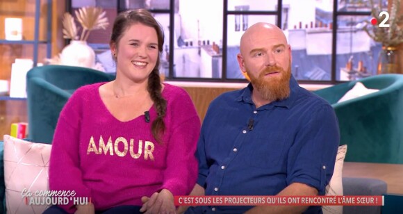 Jérôme et Lucile de "L'amour est dans le pré" sur le plateau de "Ca commence aujourd'hui", le 14 février 2023, sur France 2