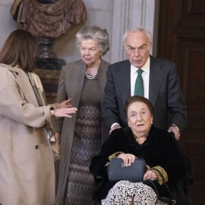 La princesse Anne, duchesse douairière de Calabre, la princesse Marguerite de Bourbon, duchesse de Soria, Carlos Zurita - Le roi Felipe VI et la reine Letizia d'Espagne arrivent à la présentation publique du portail numérique d'histoire hispanique de l'Académie royale d'histoire le 28 février 2023 à Madrid, le 28 février 2023. 