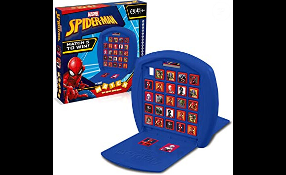Pour gagner, il faut aligner 5 personnages identiques dans ce jeu de société Match Spiderman de Winning Moves